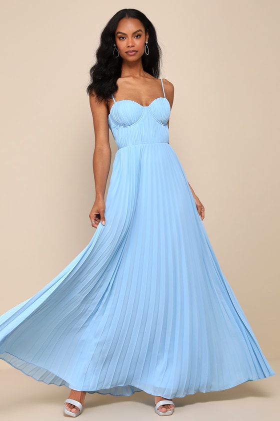 Admirable Elegance Navy Pleated Bustier Maxi Dress