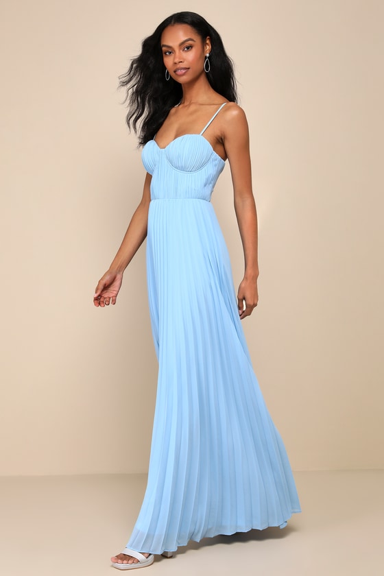 Admirable Elegance Navy Pleated Bustier Maxi Dress