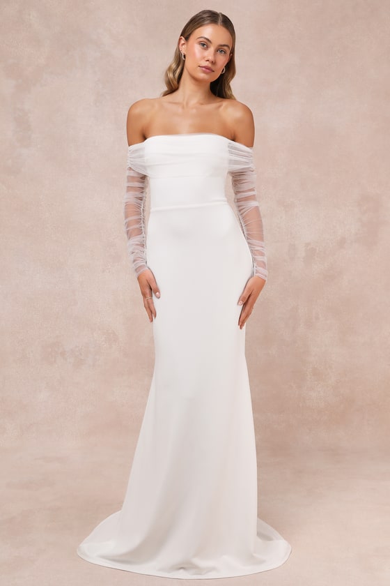 Beautifully Beloved White Mesh Off-the-Shoulder Maxi Dress #Color_White