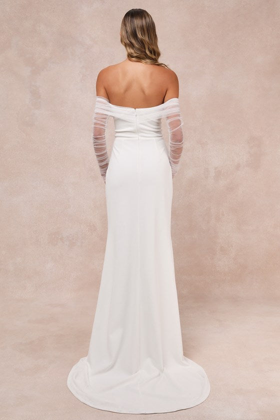 Beautifully Beloved White Mesh Off-the-Shoulder Maxi Dress #Color_White