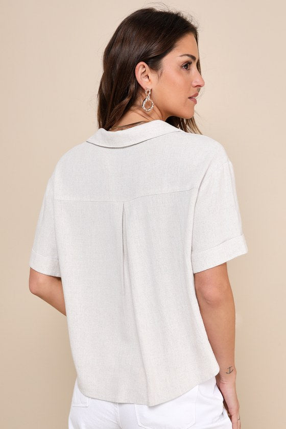 Summer Escapades Light Blue Linen Collared Button-Up Top