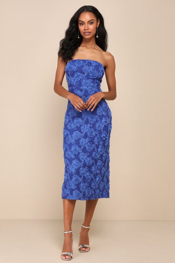 Flawless Perfection Blue Floral Applique Strapless Midi Dress #Color_Blue