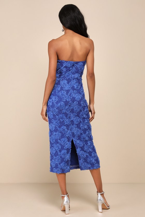 Flawless Perfection Blue Floral Applique Strapless Midi Dress #Color_Blue