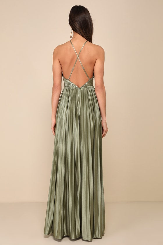 Elaborate Charm Navy Blue Satin Pleated Backless Maxi Dress