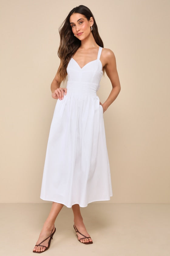 Strolling Sicily White Pleated Backless Midi Dress With Pockets #Color_White