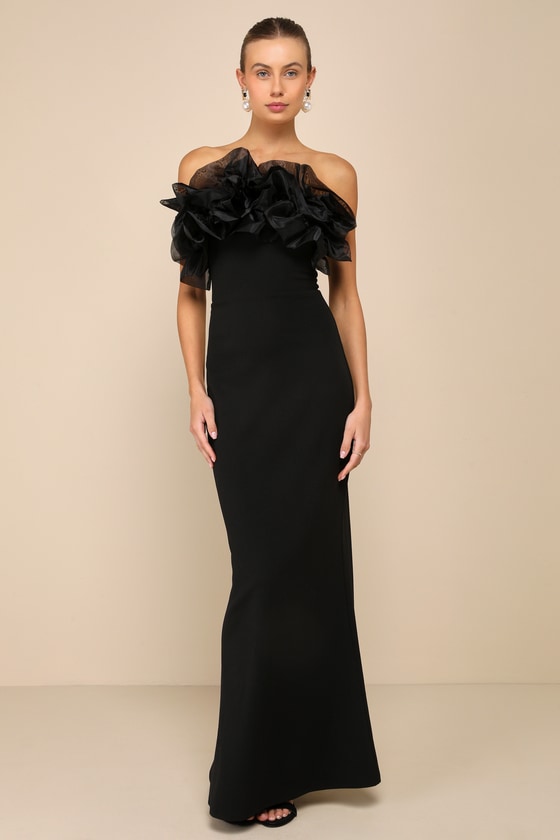 Evening Excellence Black Ruffled Strapless Mermaid Maxi Dress #Color_Black