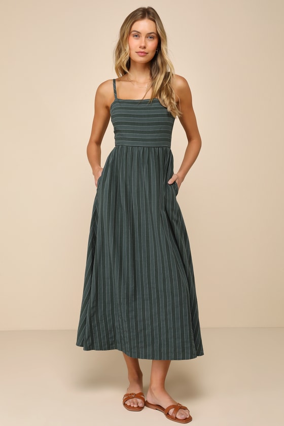 Feeling the Best Green Striped Tie-Back Midi Dress with Pockets #Color_Green