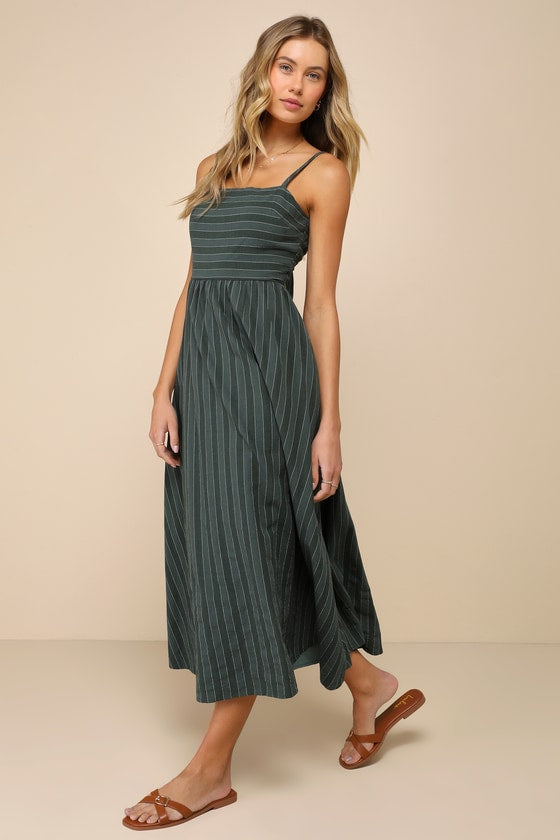 Feeling the Best Green Striped Tie-Back Midi Dress with Pockets #Color_Green