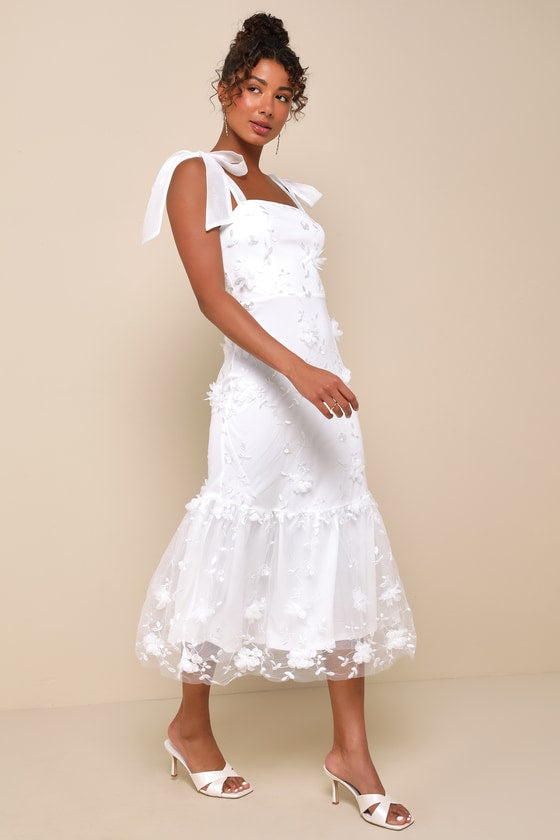 Divinely Adored White Embroidered Floral Tie-Strap Midi Dress #Color_White