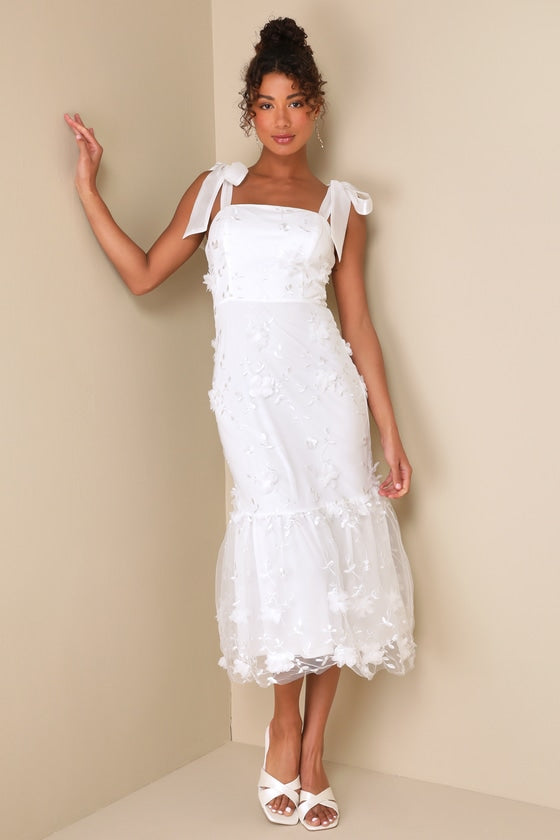 Divinely Adored White Embroidered Floral Tie-Strap Midi Dress #Color_White