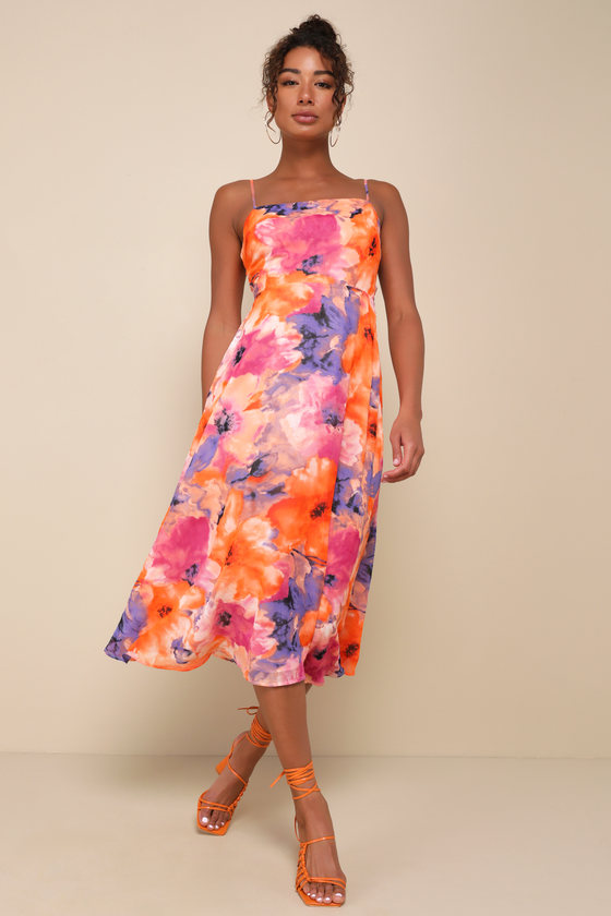 Radiant Feelings Navy and Pink Floral Chiffon Midi Dress