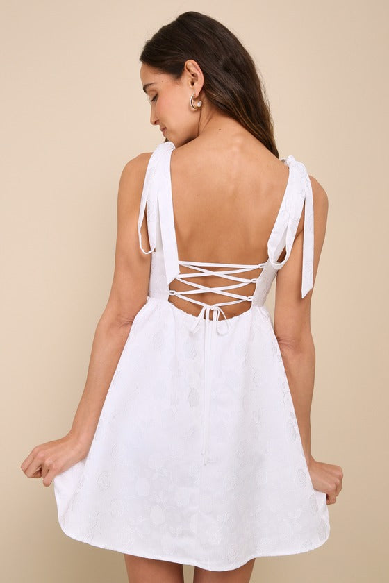 Precious Allure White Jacquard Tie-Strap Mini Dress #Color_White