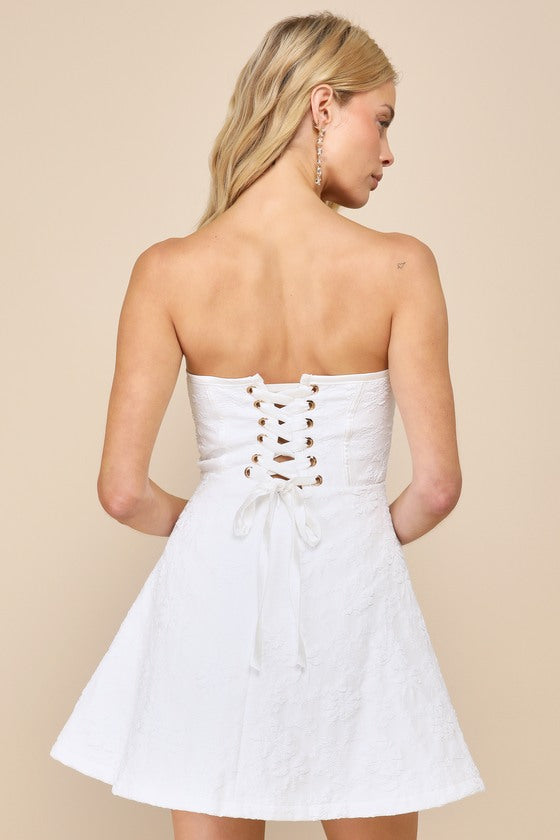 Most Adorable White Floral Jacquard Strapless Lace-Up Mini Dress #Color_White