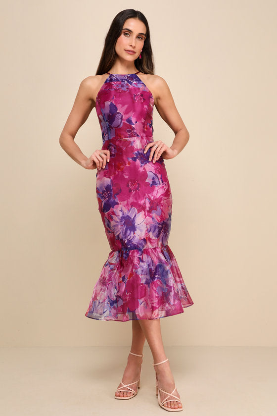 Admirable Essence Magenta Floral Organza Trumpet Midi Dress #Color_Magenta Floral