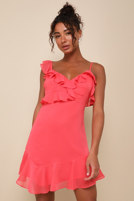 Captivating Always White Ruffled Asymmetrical Mini Dress #Color_Coral Pink