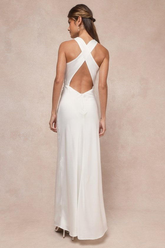 Effortlessly Sensational White Satin Backless Maxi Dress #Color_White