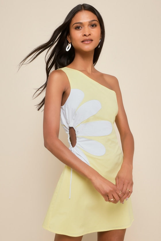 Sunny Design Yellow Cutout Flower One-Shoulder Mini Dress #Color_Yellow