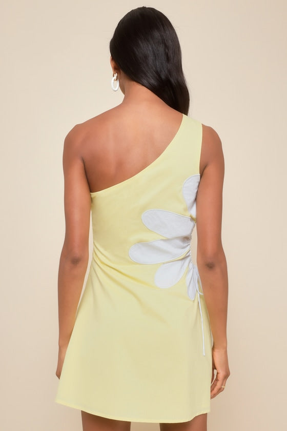 Sunny Design Yellow Cutout Flower One-Shoulder Mini Dress #Color_Yellow