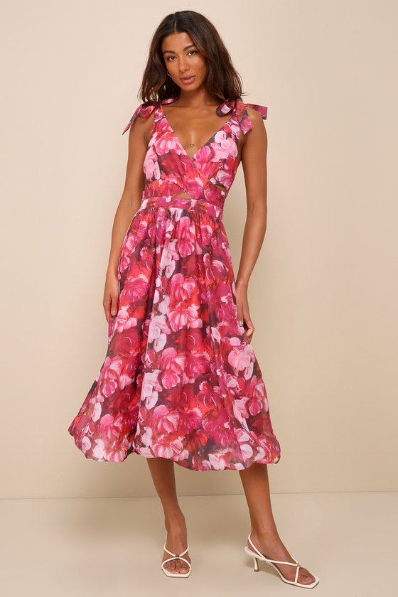 Flowering Day Dream Teal Blue Floral Organza Midi Bubble Dress