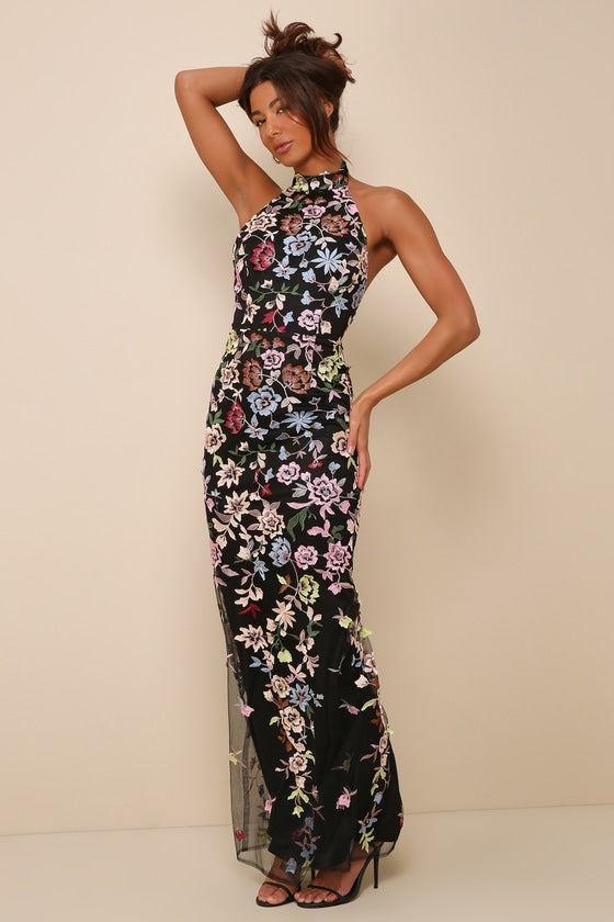 Infinite Praise Black 3D Floral Embroidered Halter Maxi Dress #Color_Black