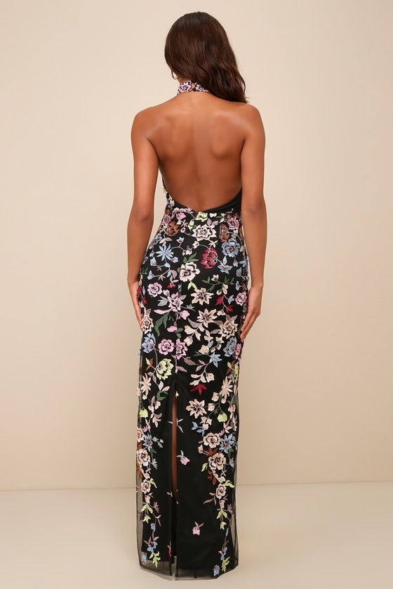 Infinite Praise Black 3D Floral Embroidered Halter Maxi Dress #Color_Black