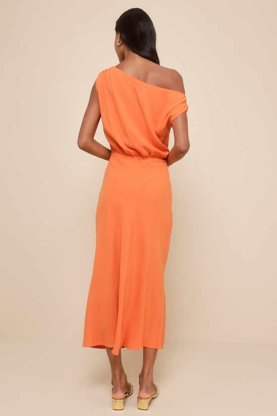 Casual Enchantment Orange Linen Off-the-Shoulder Midi Dress #Color_Orange