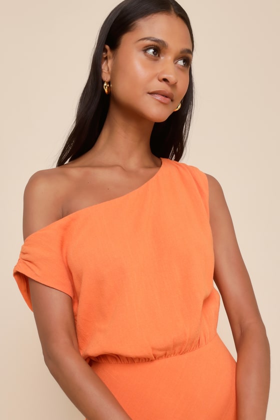 Casual Enchantment Red Linen Off-the-Shoulder Midi Dress