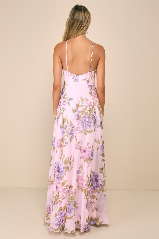 Romantic Marvel Light Pink Floral Print Halter Neck Maxi Dress #Color_Light Pink Floral Print