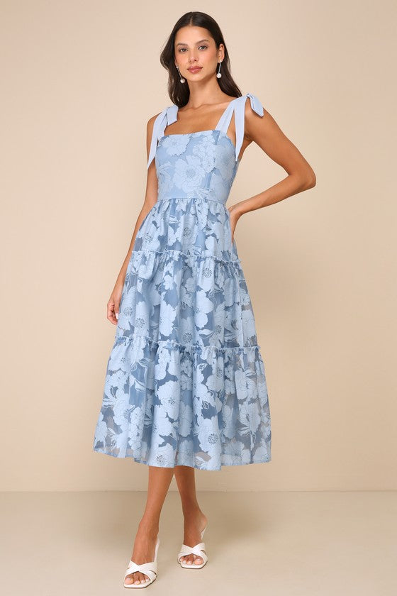 Proof of Perfection Blue Floral Tiered Tie-Strap Midi Dress #Color_Blue