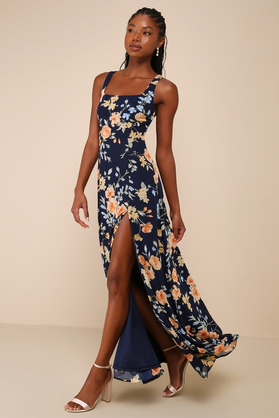 Remarkable Arrival Sage Brush Sleeveless Maxi Dress #Color_Navy Blue Floral