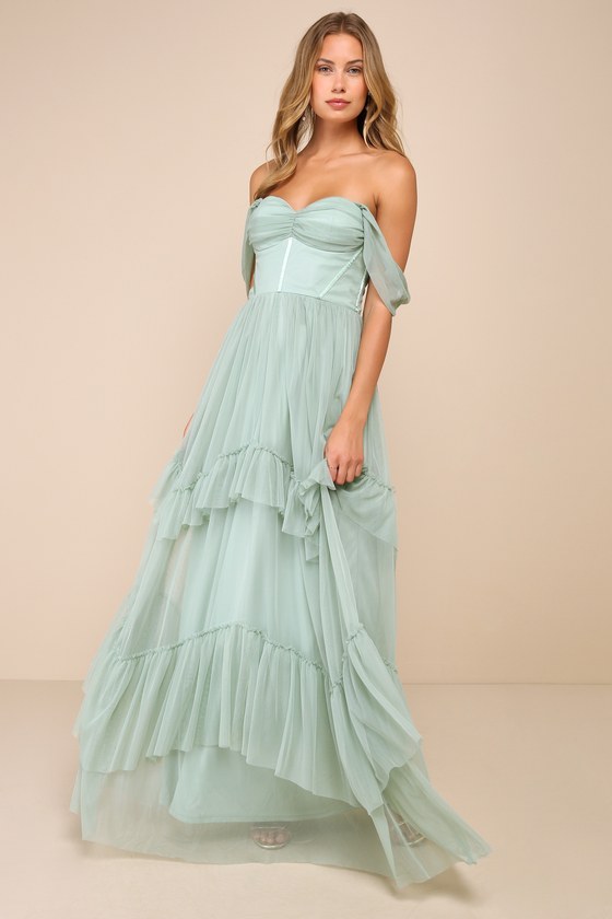Stunning Personality Pink Mesh Off-the-Shoulder Maxi Dress #Color_Sage Green