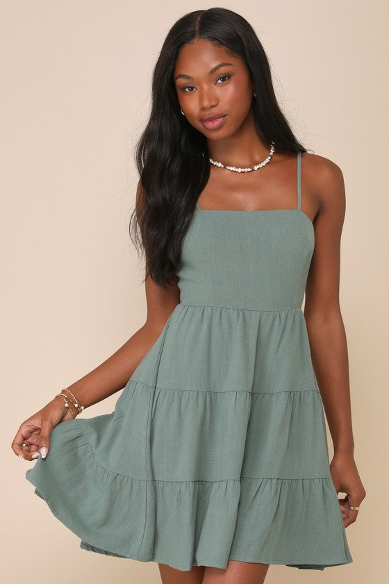 Make a Day of It Green Cutout Tiered Mini Dress #Color_Green