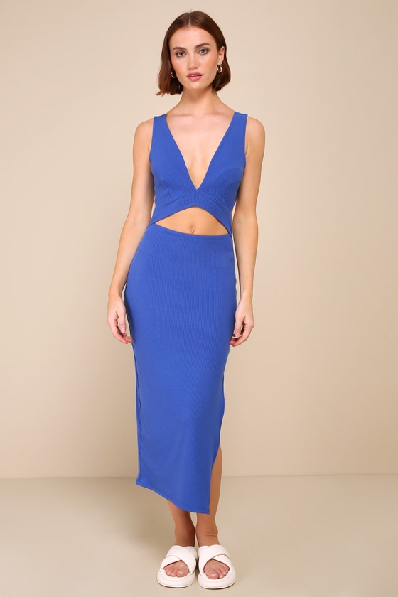 Divide and Contour White Ribbed Cutout Bodycon Midi Dress #Color_Royal Blue