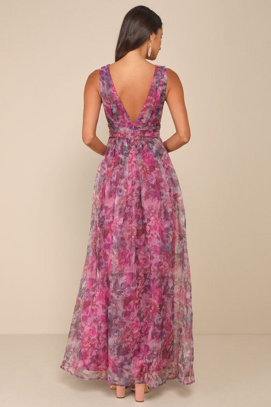 Garden Romance Magenta Floral Print Organza Maxi Dress #Color_Magenta Floral Print