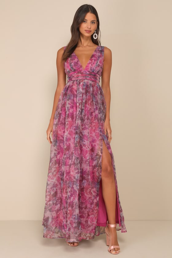 Garden Romance Magenta Floral Print Organza Maxi Dress #Color_Magenta Floral Print