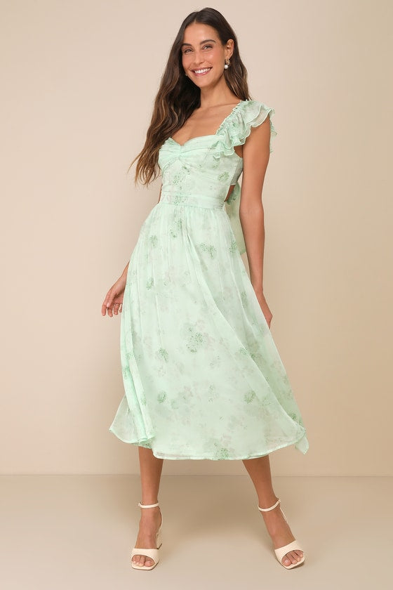 Loveliest Darling Light Green Floral Ruffled Tie-Back Midi Dress #Color_Light Green Floral