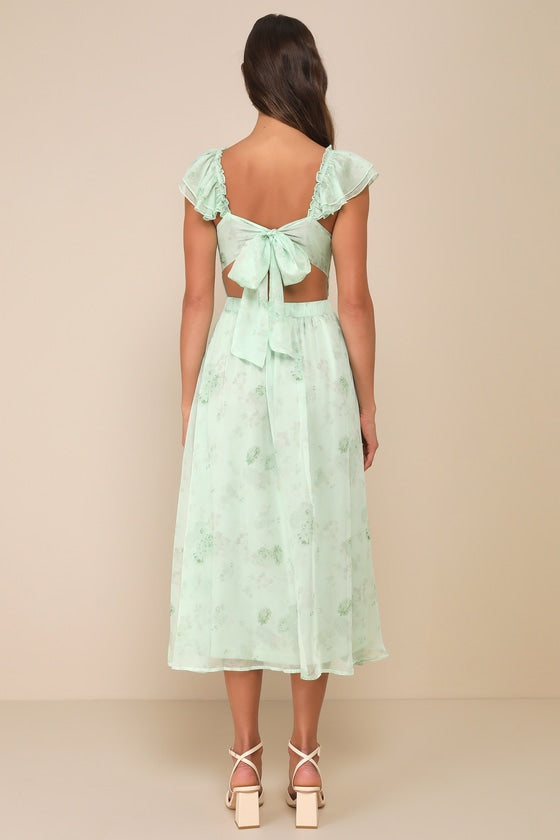 Loveliest Darling Light Green Floral Ruffled Tie-Back Midi Dress #Color_Light Green Floral