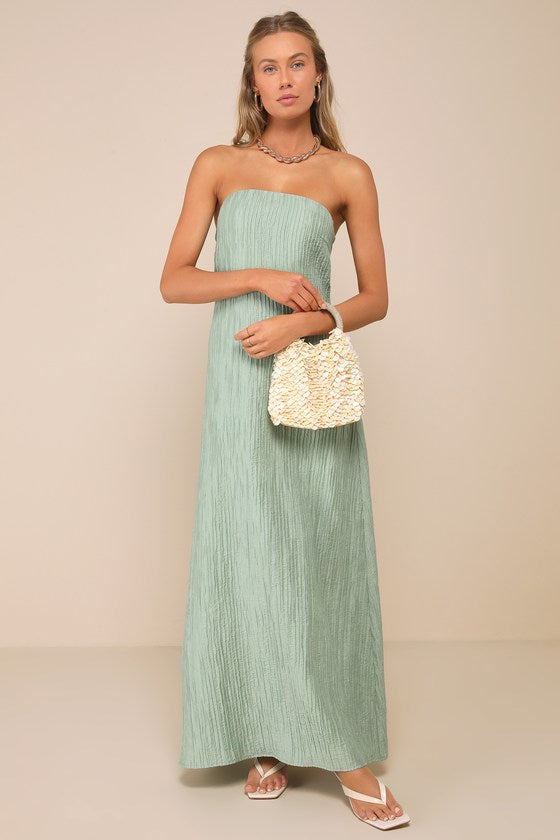 Radiant Season Light Blue Plisse Cutout Strapless Maxi Dress #Color_Sage Green