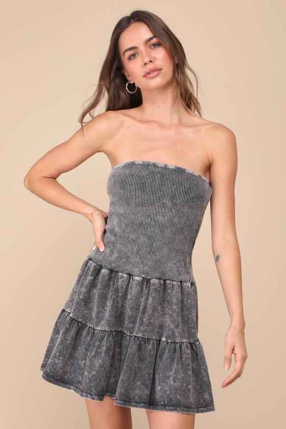 Cute Always Black Mineral Washed Ribbed Tiered Mini Dress