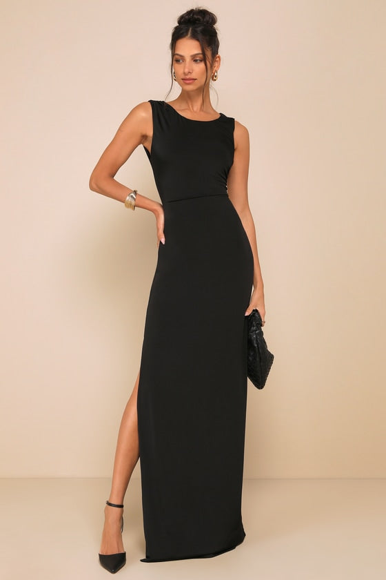 Significant Allure Green Slinky Knit Ruched Maxi Dress #Color_Black