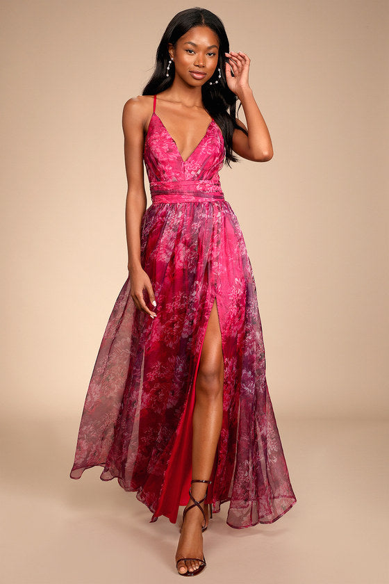 Romance That Wows Blush Floral Print Organza Maxi Dress