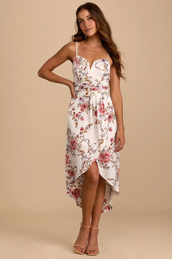 My Favorite Day Red Floral Print Tulip Skirt Midi Dress #Color_Ivory Floral Print