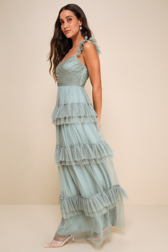 Pure Radiance Sage Brush Mesh Swiss Dot Tiered Maxi Dress #Color_Sage Brush