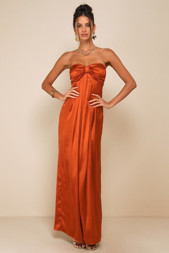 Memorable Entrance Olive Green Strapless Satin Maxi Dress #Color_Rust Orange