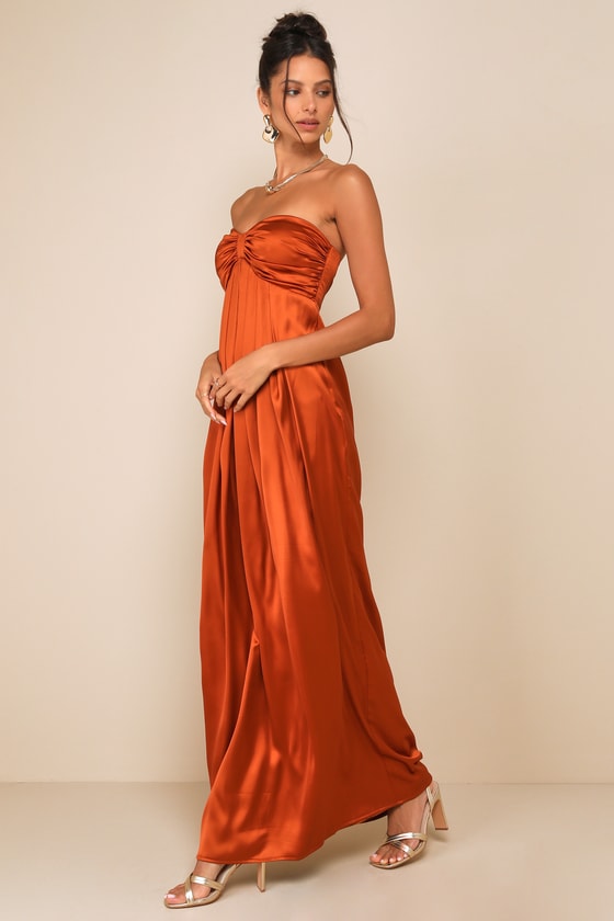 Memorable Entrance Dark Blue Strapless Satin Maxi Dress