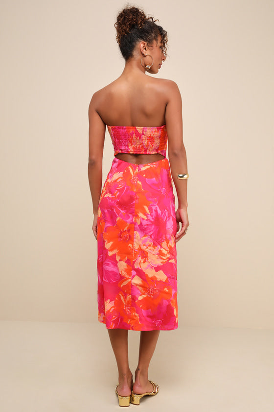 Bold Tendencies Fuchsia Floral Strapless Cutout Midi Dress #Color_Fuchsia Floral