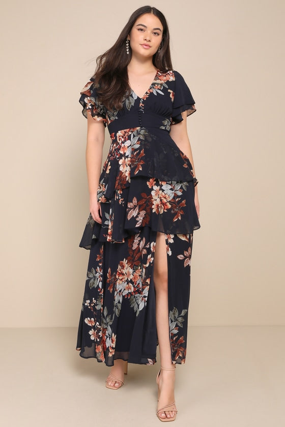 Midnight Mood Pink Floral Print Tiered Maxi Dress
