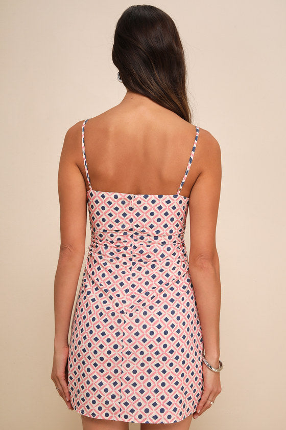 Charming Desire Pink Geo Print Ruched Sleeveless Mini Dress #Color_Pink Geo Print