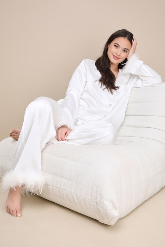 Dreamiest Delight White Satin Feather Two-Piece Pajama Set #Color_White