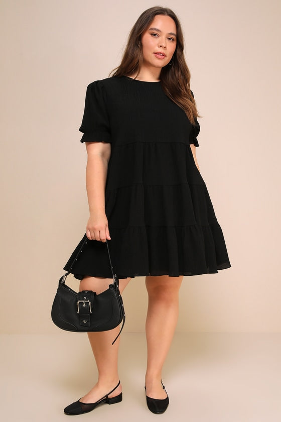 Favorite Day Black Puff Sleeve Tiered Mini Dress #Color_Black